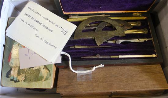 Brass apothecary scales with glass pans, drachm & grain weights (a.f), 2 sets draughtsmans instruments (all cased) & sundries